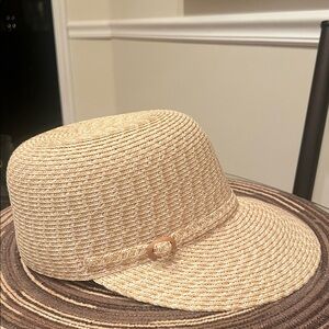 Tan beige Straw Hat w wide brim front